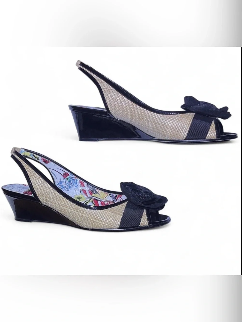 Beverly Feldman Black and Natural Slingback Peep-Toe Wedge with Bow